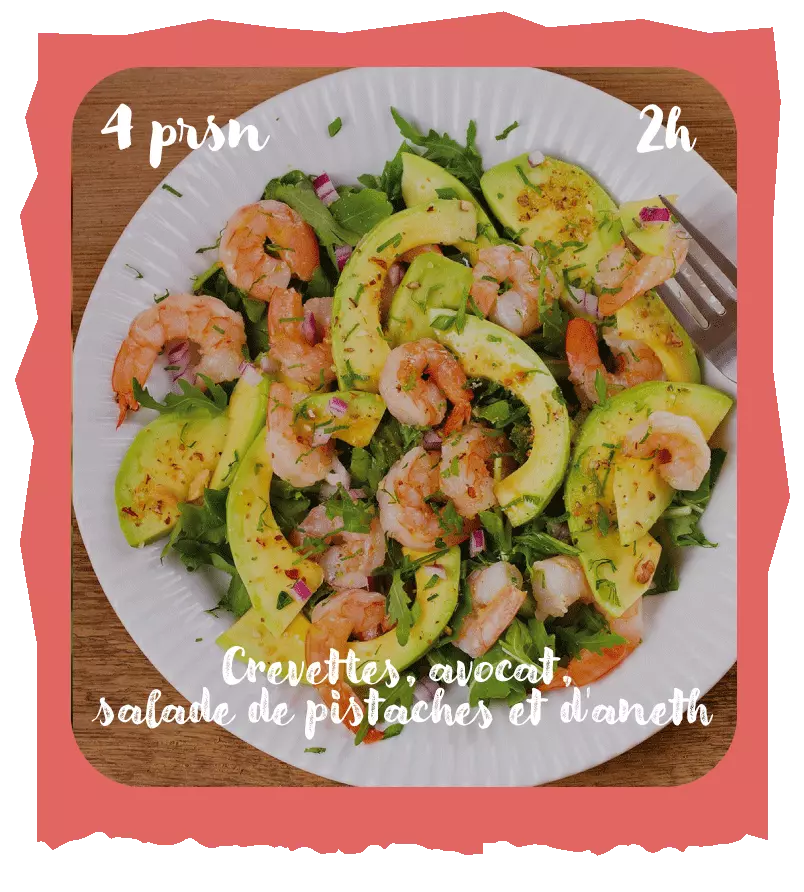 Crevettes, avocat, salade de pistache