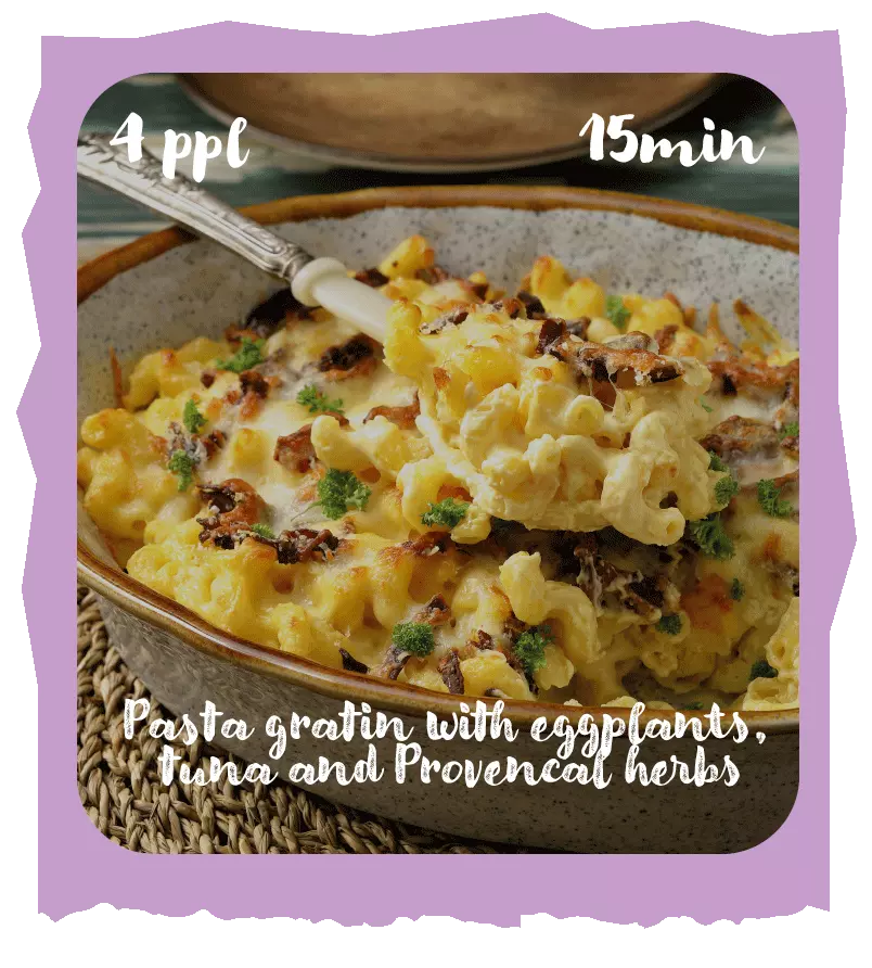 recipe pasta gratin with eggplants, tuna and provencal herbs
