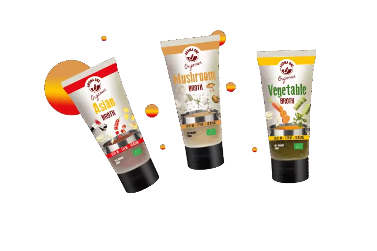 Asian, mushroom and vegetable broth condiments in tubes – Aroma One