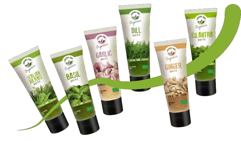 Assorted organic herb and spice purées in tubes (Italian herbs, basil, garlic, dill, ginger and cilantro) – Aroma One