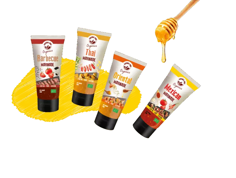 Assorted organic marinade sauces in tubes (barbecue, Thai, oriental and Mexican) – Aroma -one.