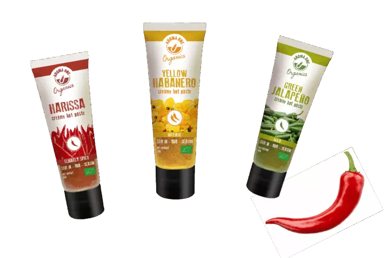 Harissa, yellow habanero and green jalapeño chili condiments in tubes – Aroma One
